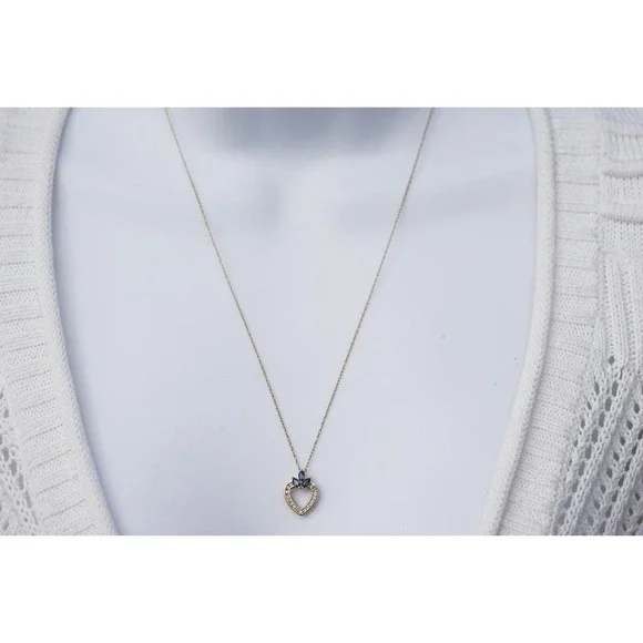 Vintage 14k Solid Yellow Gold Heart Natural Sapphire & Diamond Pendant Necklace‎ - Picture 6 of 8
